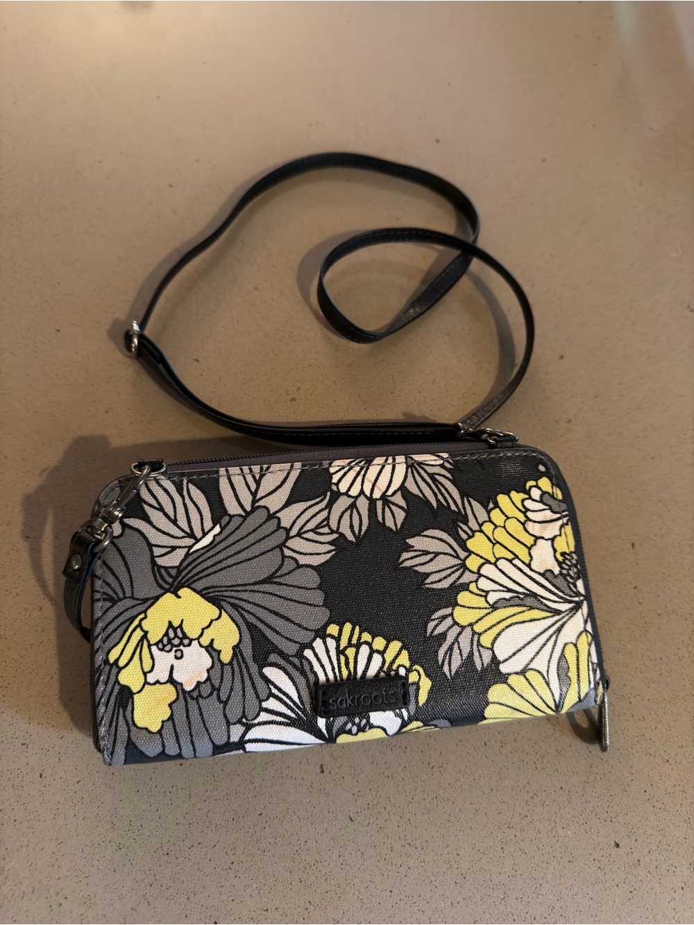 Sakroots Black Floral Crossbody Wallet with Yellow & Gray Accents
